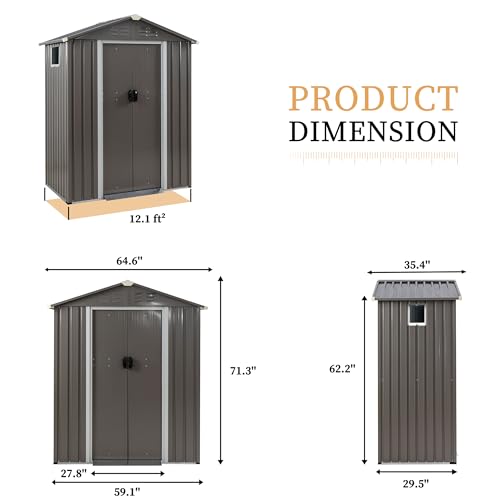 Vongrasig 5 x 3 FT Outdoor Storage Shed, Metal Shed Small Garden Tool Storage Shed with Large Window and Lockable Door for Outside Backyard Patio Lawn (Dark Grey)
