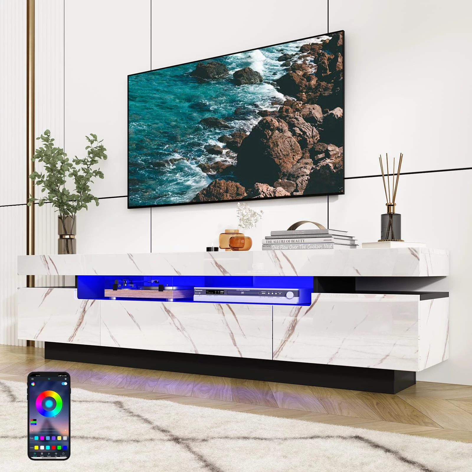 ChVans Led TV Stand for 85/80/75 inch TV, 70.9IN High Gloss Modern LED TV Stand with Storage, Entertainment Center with APP RGB Light,Television Stands for Living Room, White Marbling