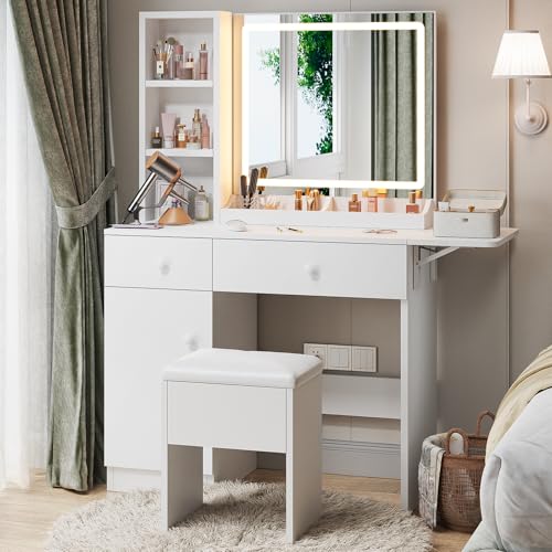 Haewon Makeup Vanity Desk with Mirror and Lights, White Vanity Table with Power Outlet and 3 Lighting Modes, Dressing Table Set with Cabinet Drawers Shelves and Storage Stool for Bedroom