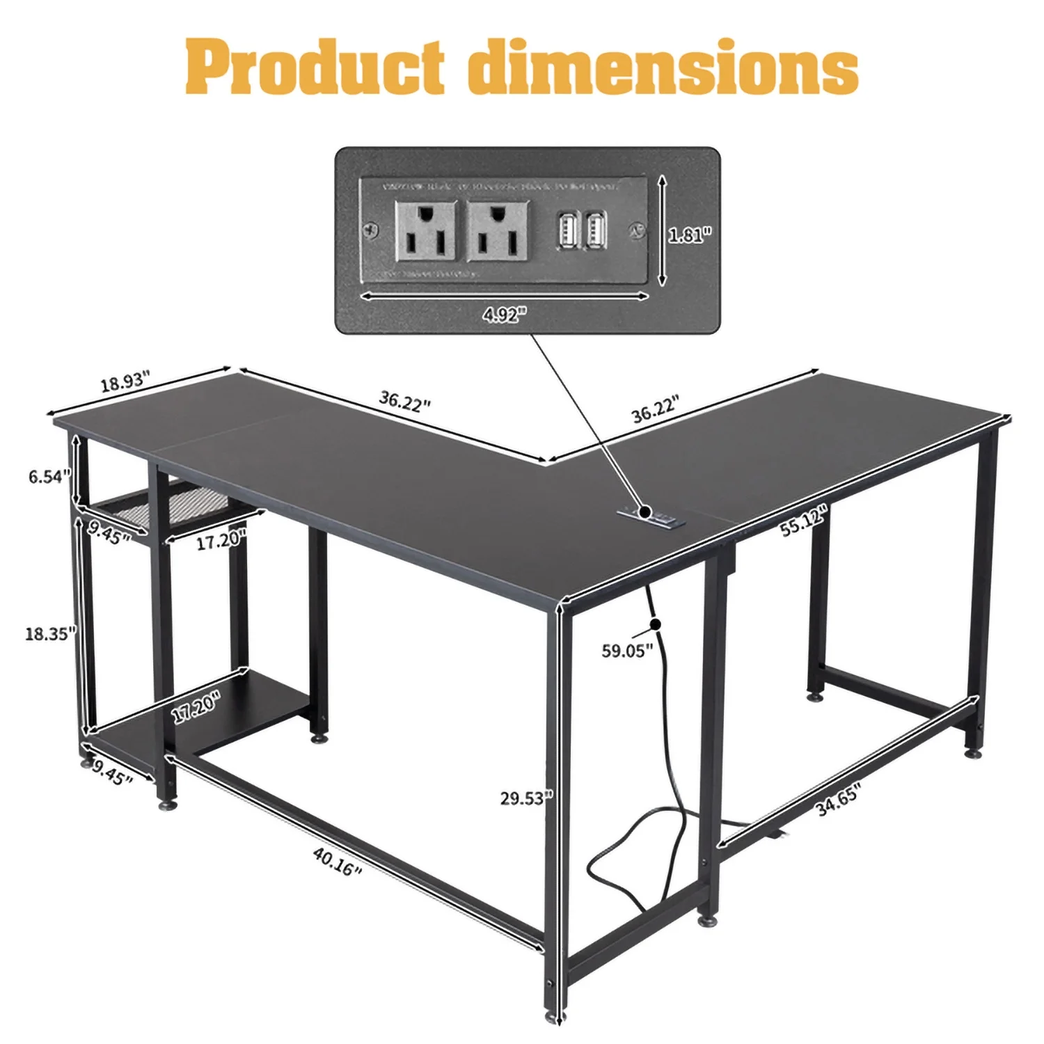 RUseeN L-Shaped Desktop Computer Desk with Power Outlets & Shelf Tiger Black