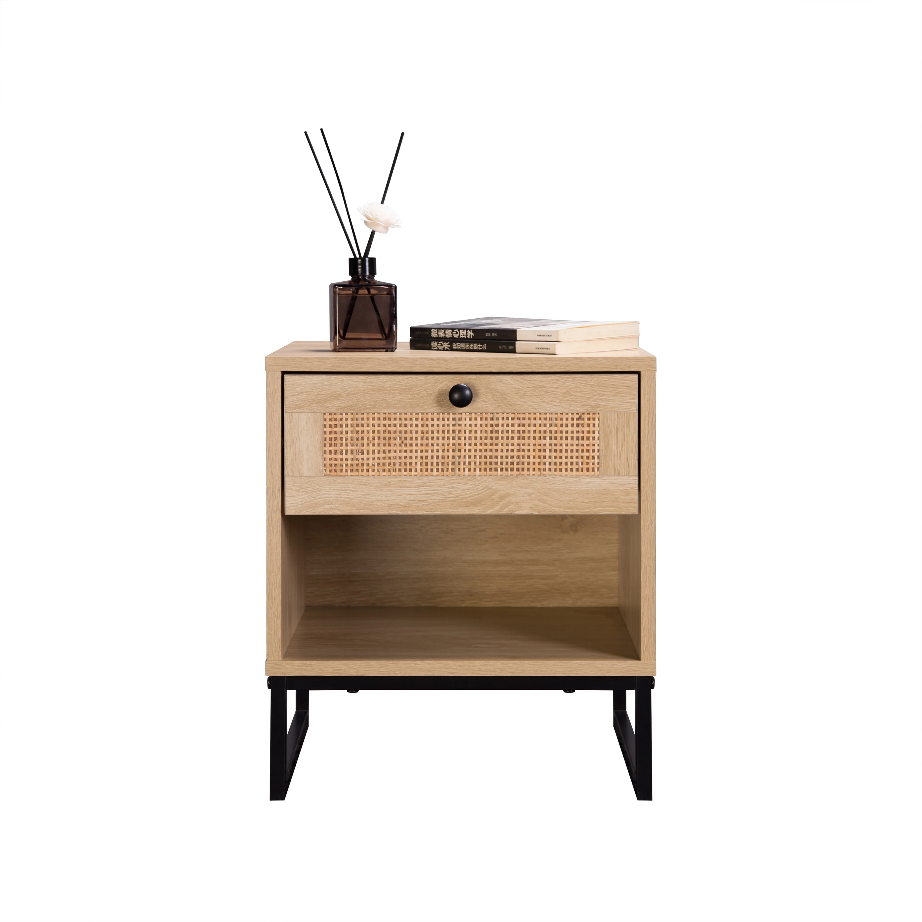 Birch Coastal Modern Side Table with Drawer Natural Wood Top with Black Metal Legs