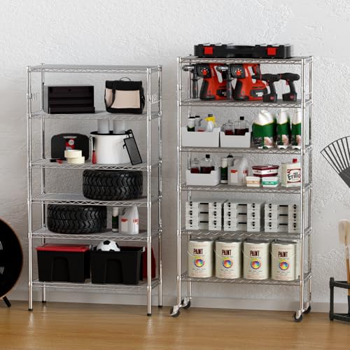 YNN Storage Shelves,1750Lbs 5 Tier Heavy Duty Metal Rolling Shelving Unit with Wheels & 8 Hooks, Adjustable Garage Wire Rack for Kitchen, Bathroom,Industrial,Pantry(36