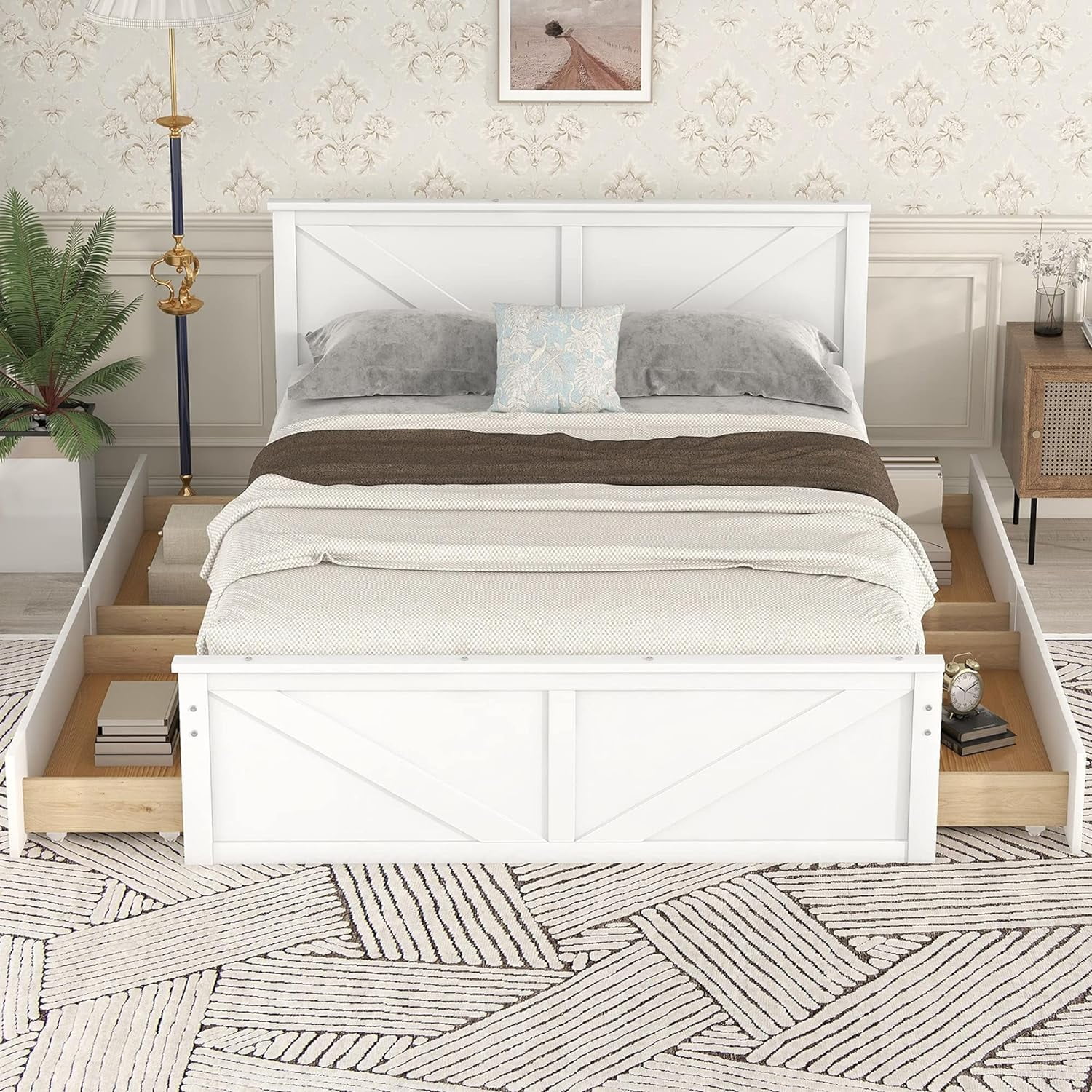 Quee Size Platform Bed With 4 Drawers, Woode Quee Platform Bed Frame With Support Legs, o Box Sprig eeded, White
