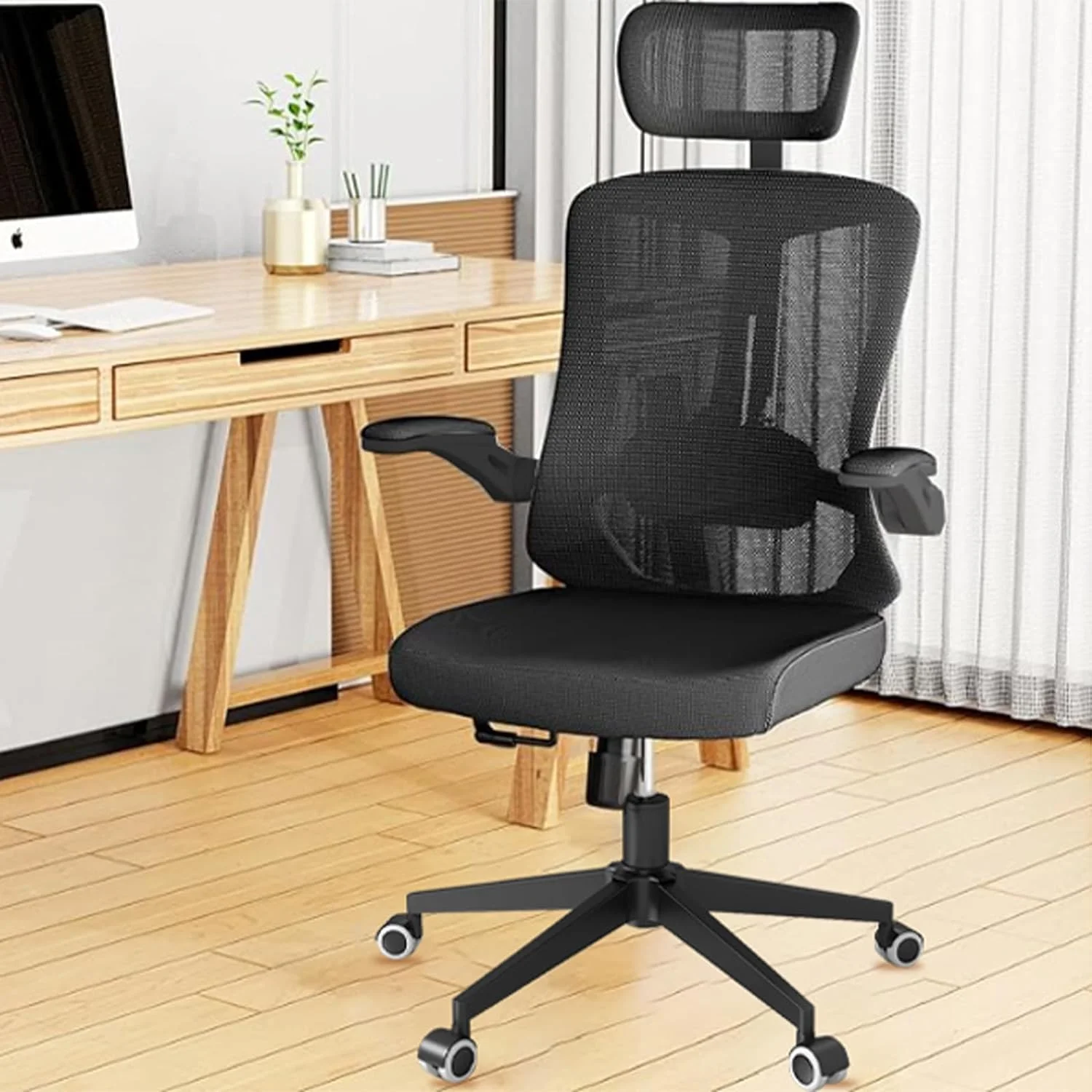 Ergonomic Chairs For Home Office Desk , Breathable Mid-Back Comfortable Mesh Computer Chair with PU Silent Wheels, Flip-up Armrests, Tilt Function, Lumbar Support (Khaki)