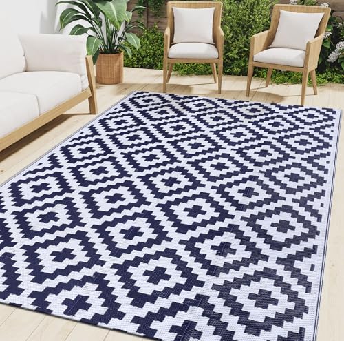 Smiry Waterproof Outdoor Rug 5x8 ft, Reversible Plastic Straw Patio Camping Rugs, Outdoor Indoor RV Mat Carpet for Patio, Outside Entry, Backyard, Deck, Bench, Picnic, Camper, Black & Beige