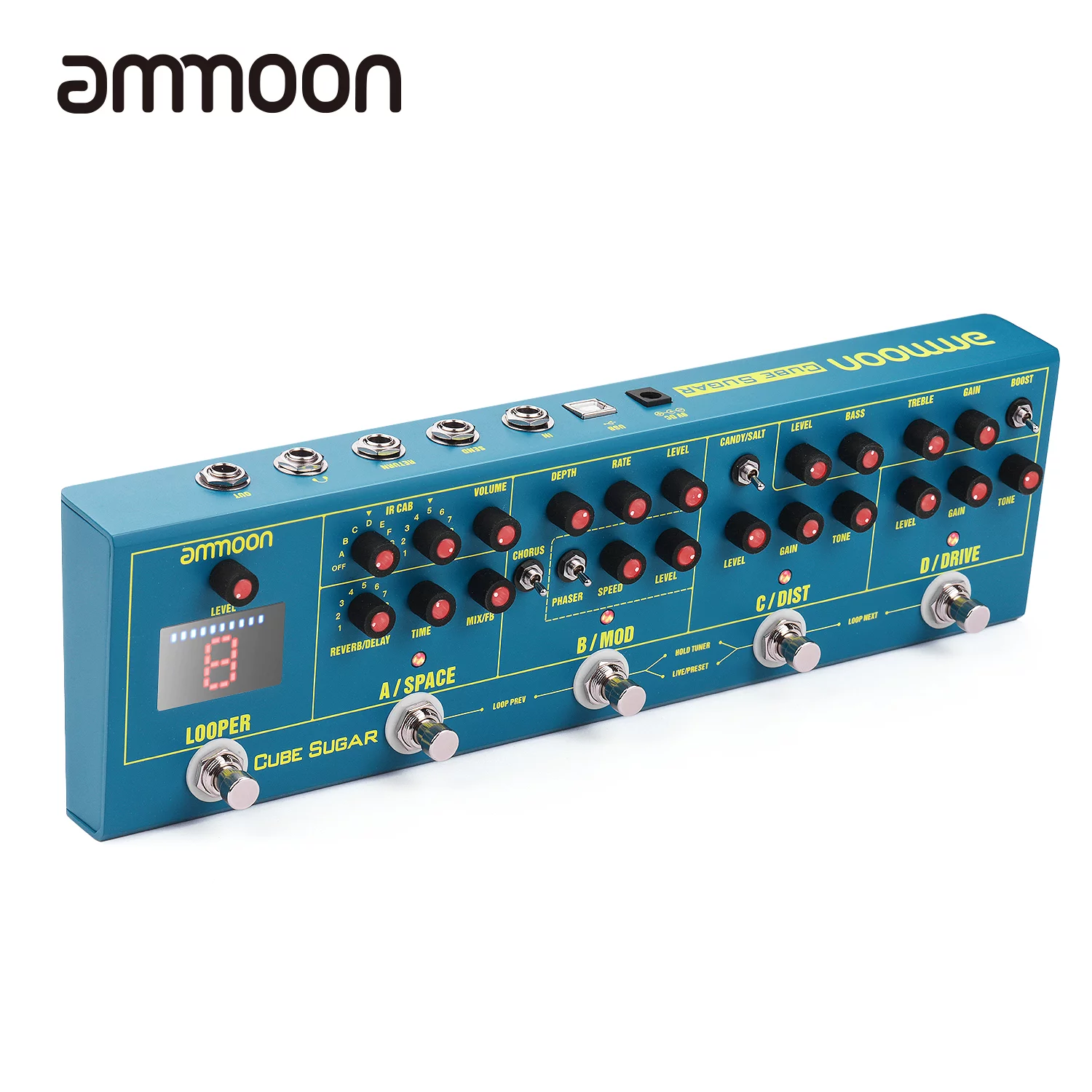 ammoon CUBE SUGAR Combined Effects Pedal 5 Analog Effects(Boost/Overdive/Distortion/Chorus/Phaser) + 2 Digital Effects( Delay/Reverb) + 72 IR Cabinets Simulation + 9 Loops + Built-in Tuner with Head