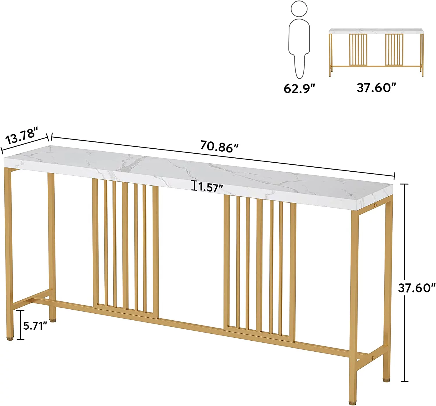70.9 Inch Extra Long Console Table Sofa Table White and Gold Entryway Table Narrow Long Hallway Table for Living Room with Gold Metal Frame