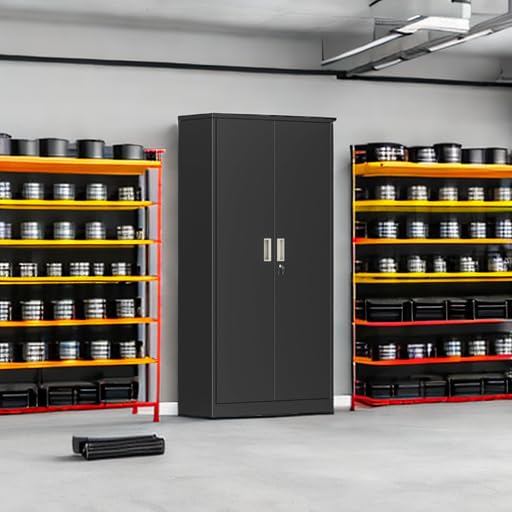 Greenvelly Metal Garage Storage Cabinet, 72” Locking Black Tool Steel Cabinet with Doors and 4 Shelves, Tall Metal Cabinets with Garage Storage Systems for Home Office, Kitchen/Pantry