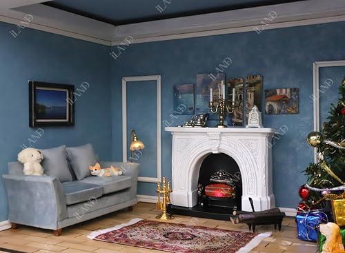 iLAND Dollhouse Furniture and Accessories of Dollhouse Fireplace on 1/12 Scale w/Fire Light & Firewood Rack & Fireplace Tool Kit (Neoclassical 4pcs)
