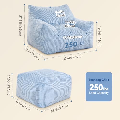 INMOZATA Bean Bag Chair for Adults, 3FT Beanbag Chair with Ottoman Pre-Filled Fluffy Lazy Chair Corded Fabric Accent Chair for Bedroom Living Room Dorm (Green)