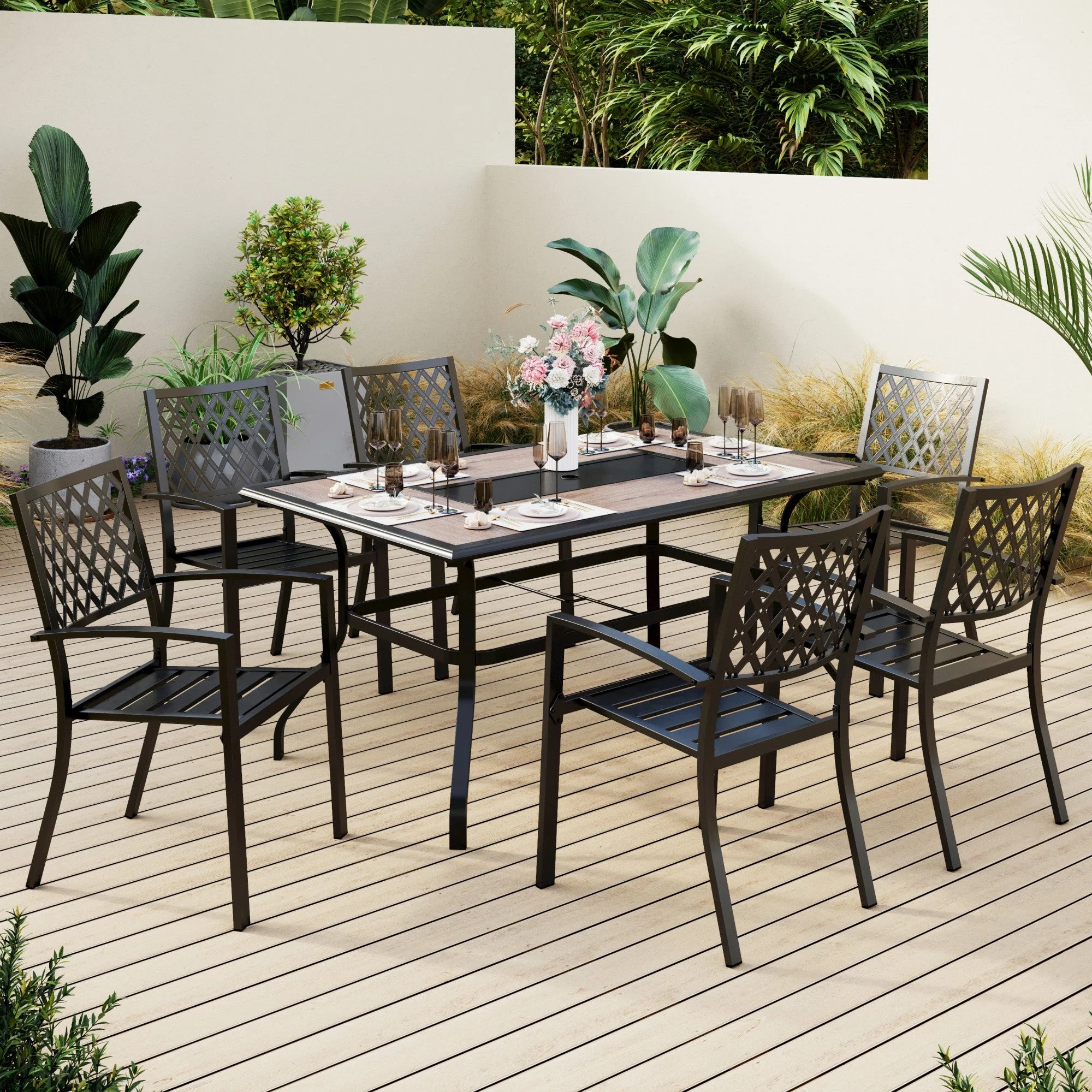 Sophia & William 7 Peices Outdoor Patio Dining Set Metal Chairs and Wooden-like Table Furniture Set