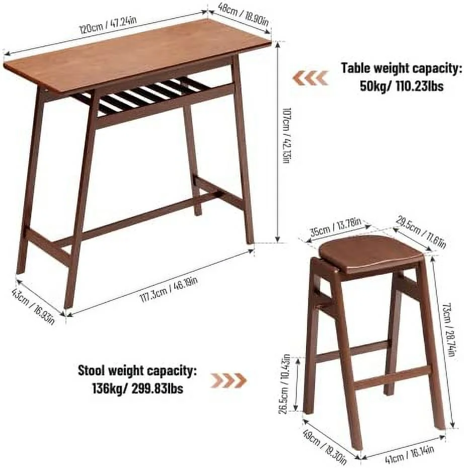 AngLink 3 PCS Pub Dining Set Retro Bar Table Rubber Wood Stackable Backless High Stool for 2 with Shelf and Hooks for Home Bar Small Space
