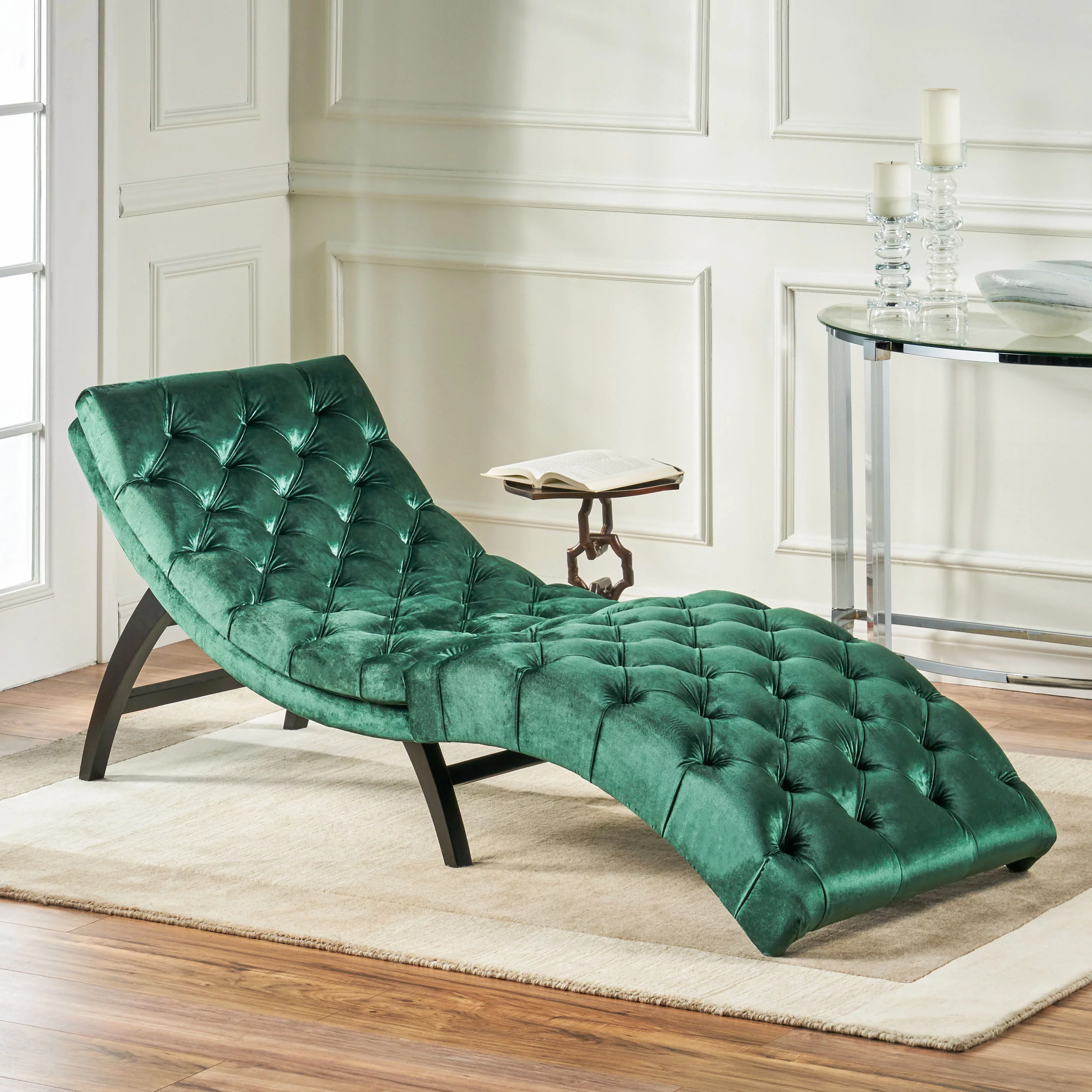 Grasby Tufted Emerald Velvet Chaise Lounge, Emerald and Expresso