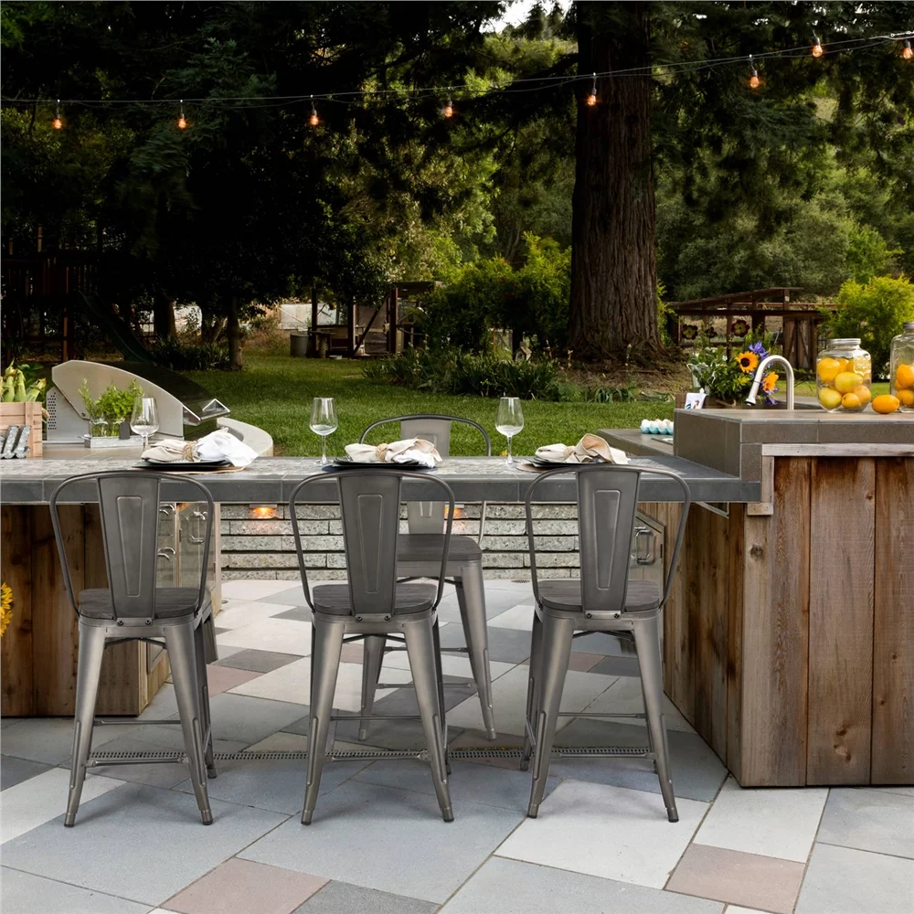 SMILE MART 4pcs Industrial Metal Bar Stool with Solid Wood Seat for Home Restaurants, Metal