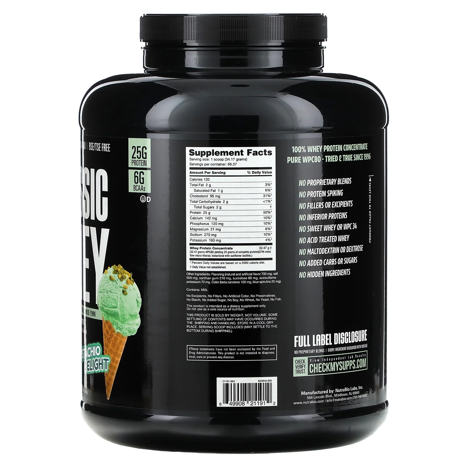 NutraBio Classic Whey Protein, Pistachio Delight, 5 lb (2,268 g)