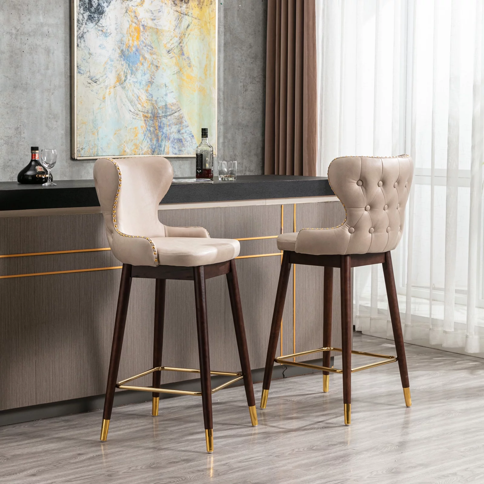 BTMWAY Bar Chairs Set of 2, Modern Upholstered Bar Stools with Gold Nailhead Trim and Solid Wood Legs, Leisure Cushioned Counter Stools with Wing-Back Backrest and Golden Footrest, Beige