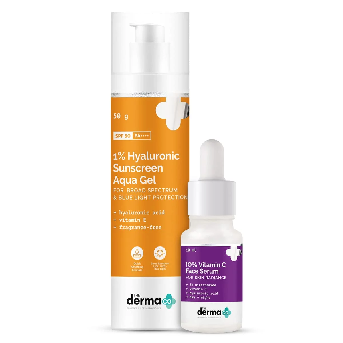 The Derma Co Glow & Protect Combo - 10% Vitamin C Face Serum (10 ml) + 1% Hyaluronic Sunscreen Aqua Gel (50 g)