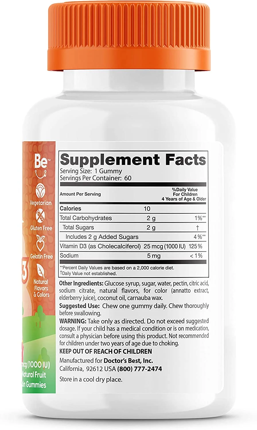 Doctor's Best Vitamin D3 Kids Gummy Natural Fruit - 25 mcg - 60 Gummies Pack of 3