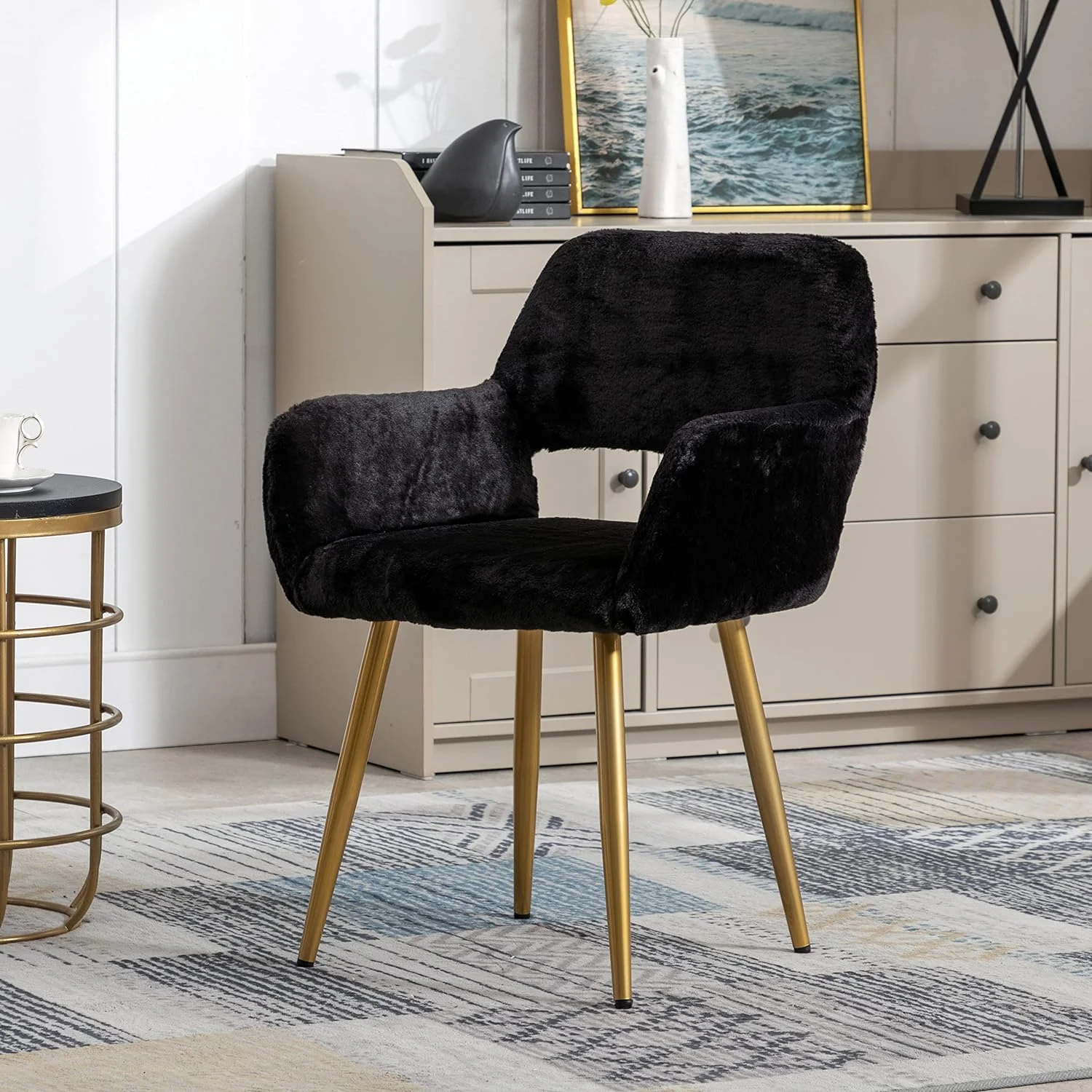 Faux Fur Vanity Chair Elegant Furry Makeup Desk Chairs for Girls Women Modern Comfy Fluffy Arm Chair with Wood Look Metal Legs in Bedroom Living Room (Black&Gold)