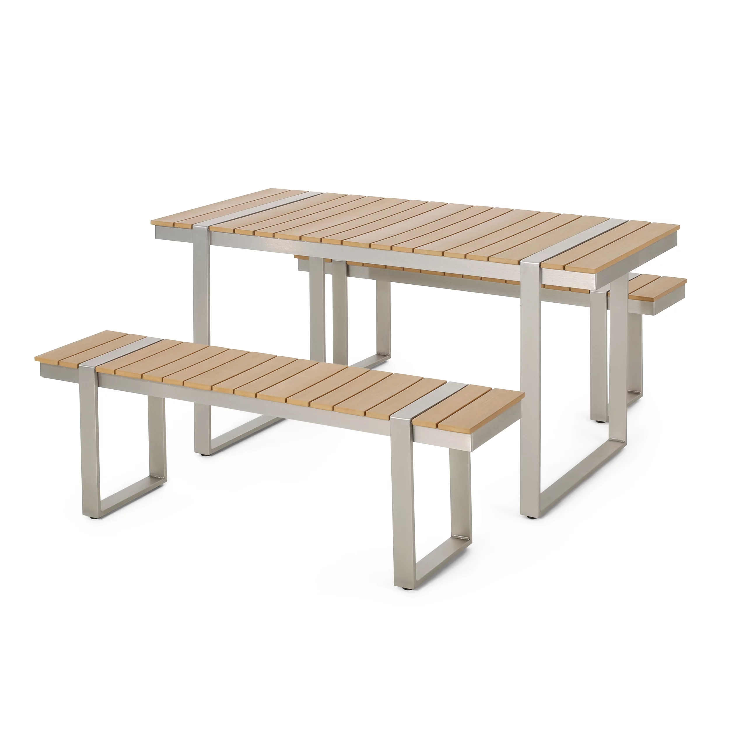 GDF Studio Mora Outdoor 3 Piece Aluminum Picnic Set, Brown and Silver