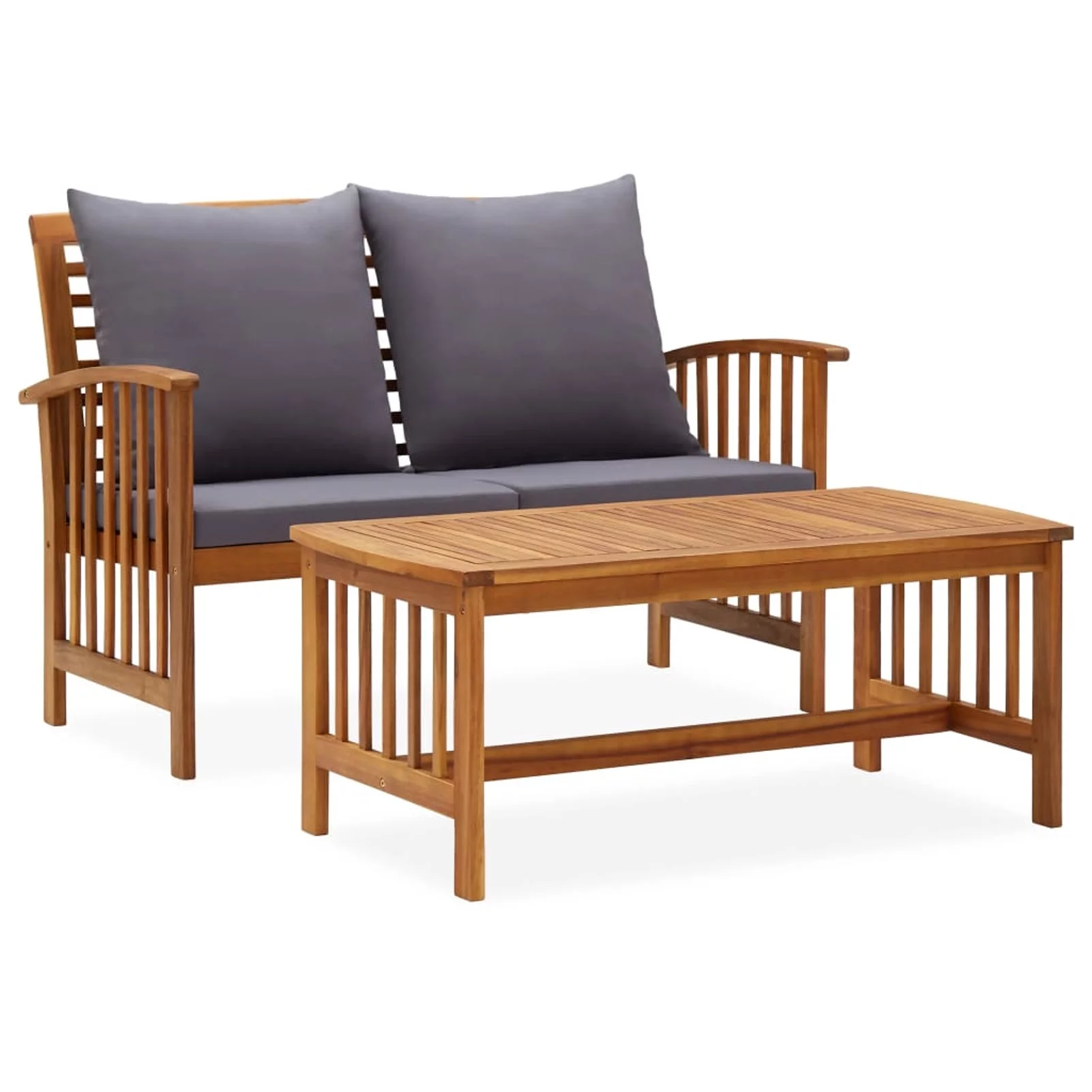 moobody 2 Piece Wooden Outdoor Conversation Set Garden Bench with Gray Cushion and Patio Side Table Sectional Sofa Set Acacia Wood for Patio, Backyard, Balcony Terrace Furniture