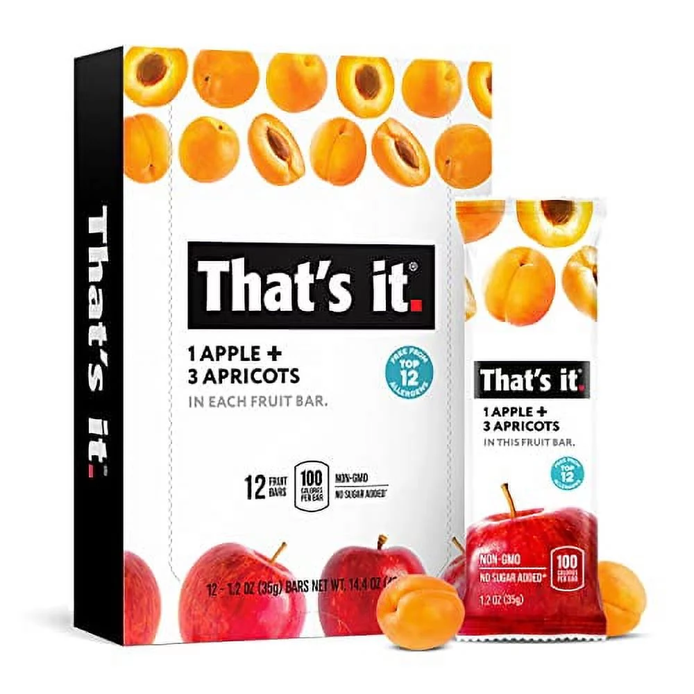 That's it Apple + Apricot 100% Natural Real Fruit Bar, Best High Fiber Vegan, Gluten Free Healthy Snack, Paleo for Children & Adults, Non GMO No Added Sugar, No Preservatives Energy Food (12 Pack)
