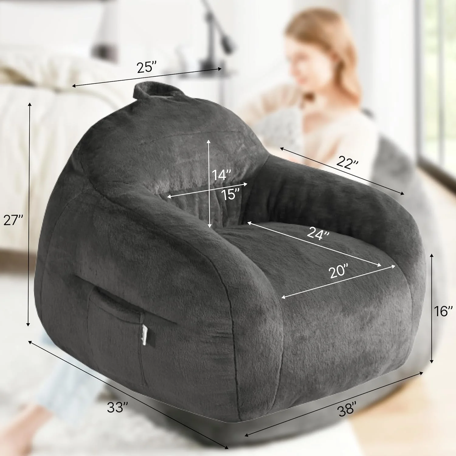 Comfy Bean Bag Chair For Bedroom, Giant Beanbag Sofa - Large And Lazy Lounge Chairs For Adults And Teens - Fluffy Faux Fur Wi Memory Foam Filler Included - Grey