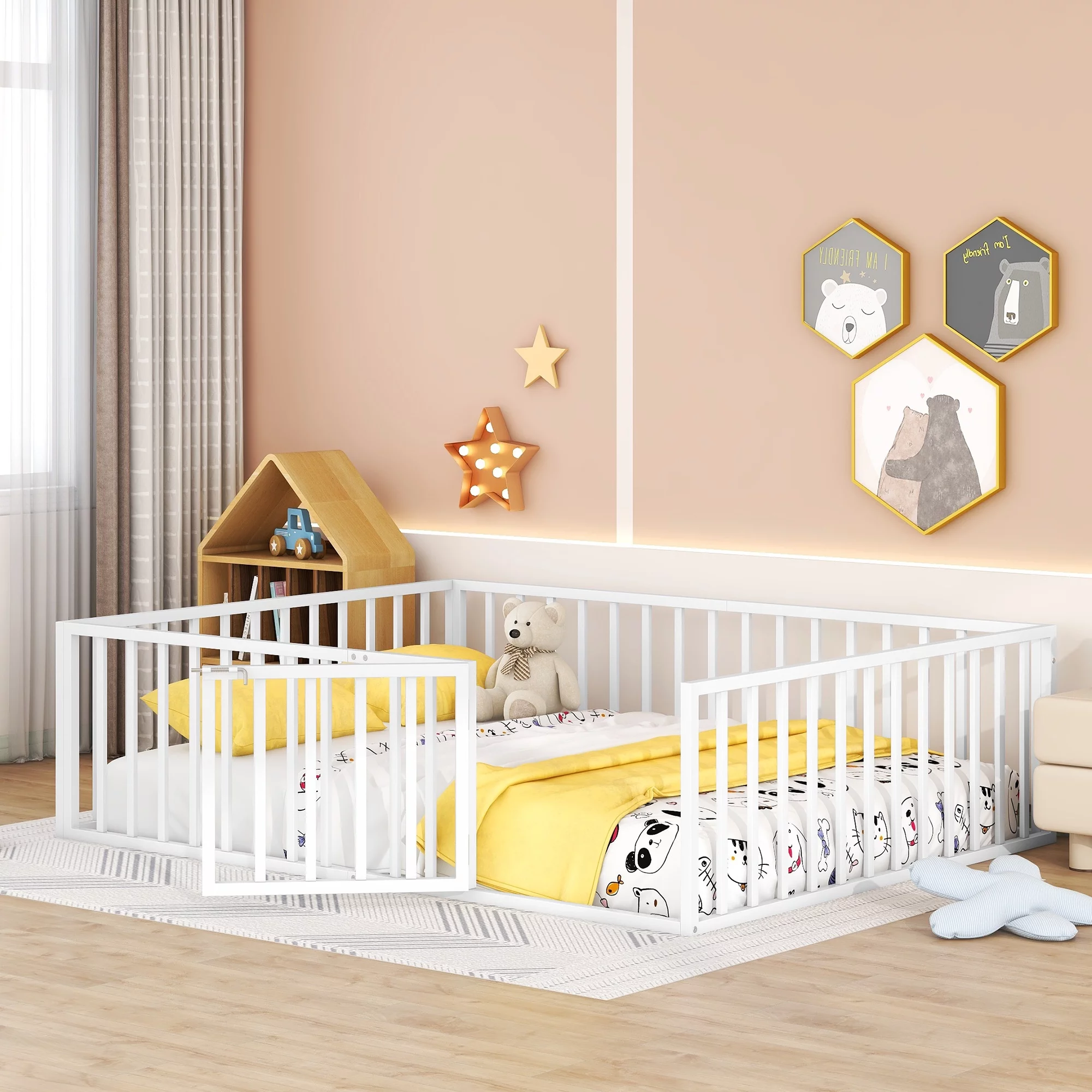 iRerts Queen Floor Bed Frame, Metal Queen Size Montessori Floor Bed Frame with Fence and Door, Kids Toddler Floor Bed Frame Queen Size for Girls Boys, Twin Bed Frame without Bed Slats, White