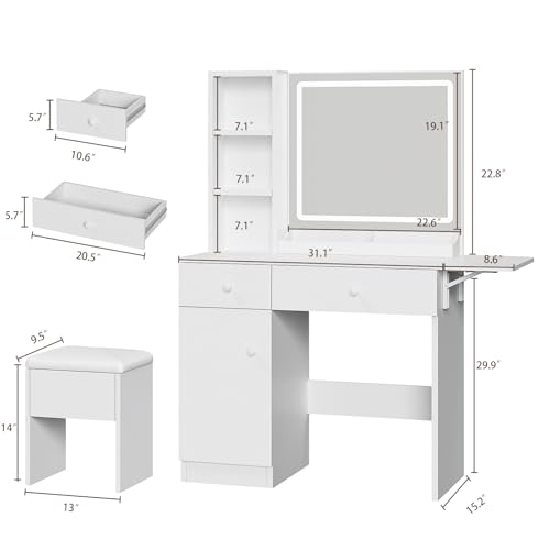 Haewon Makeup Vanity Desk with Mirror and Lights, White Vanity Table with Power Outlet and 3 Lighting Modes, Dressing Table Set with Cabinet Drawers Shelves and Storage Stool for Bedroom