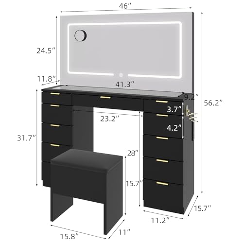 Farmhouse Vanity Desk with Sliding Lighted Mirror & Stool, Vanity Dresser Combo, Large Makeup Vanity with 8 Storage Shelves, 5 Drawers, Extendable Large Dressing Table with Charging Station