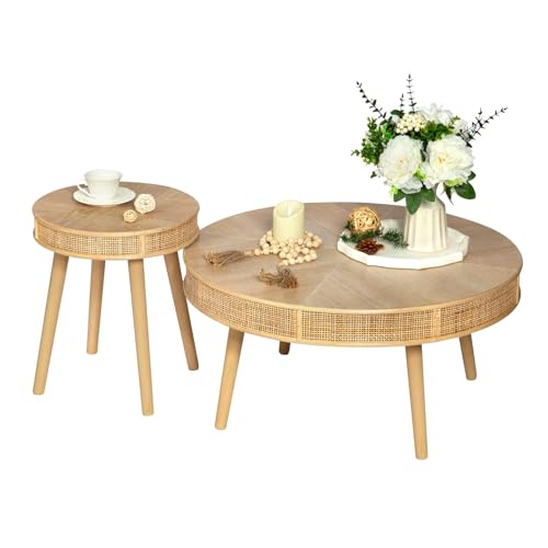 RUSTOWN 2-Piece Farmhouse Coffee Table, Modern Rustic Sofa Side Tea Tables, Solid Wood Finish with Crafted Rattan Side and End Table Sets for Living Room (Natural)