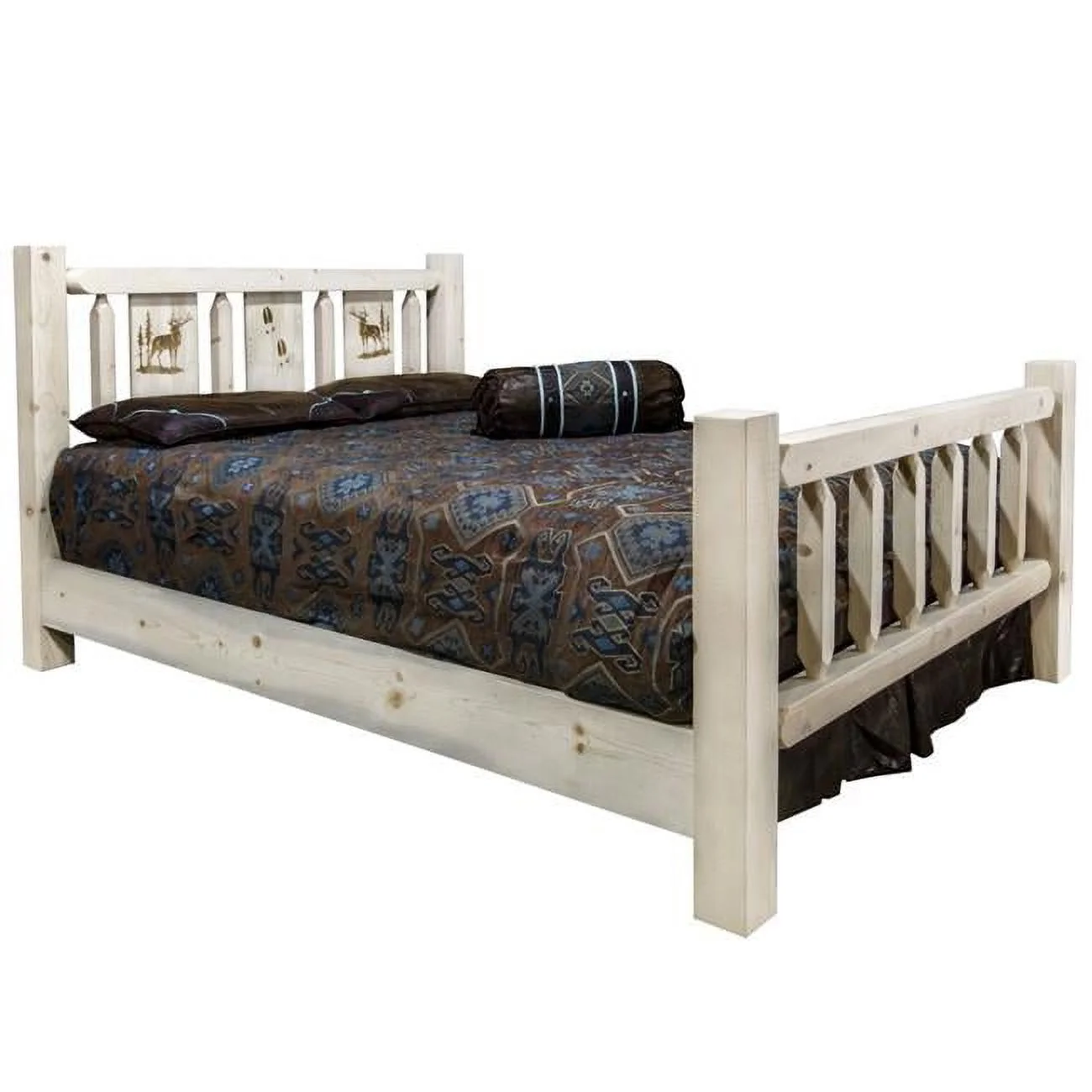Homestead Collection Queen Bed w/ Laser Engraved Elk Design, Clear Lacquer Finish