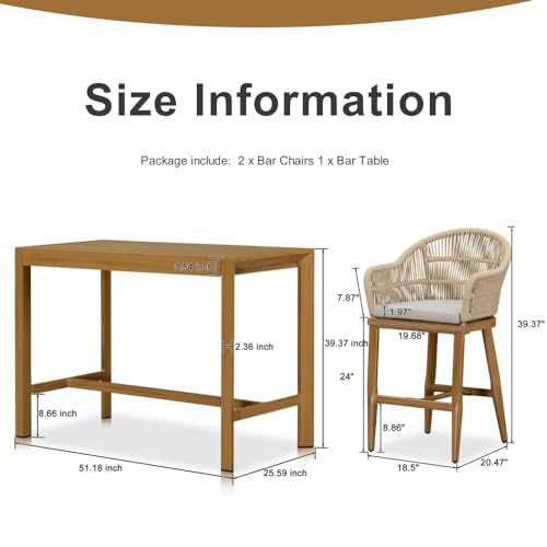 PURPLE LEAF 3 Pieces Outdoor Counter Height Bar Stools Set Patio Aluminium Modern Wicker Bar Chairs and Dining Bistro Bar Table for Balcony Garden Indoor Kitchen Poolside Teak