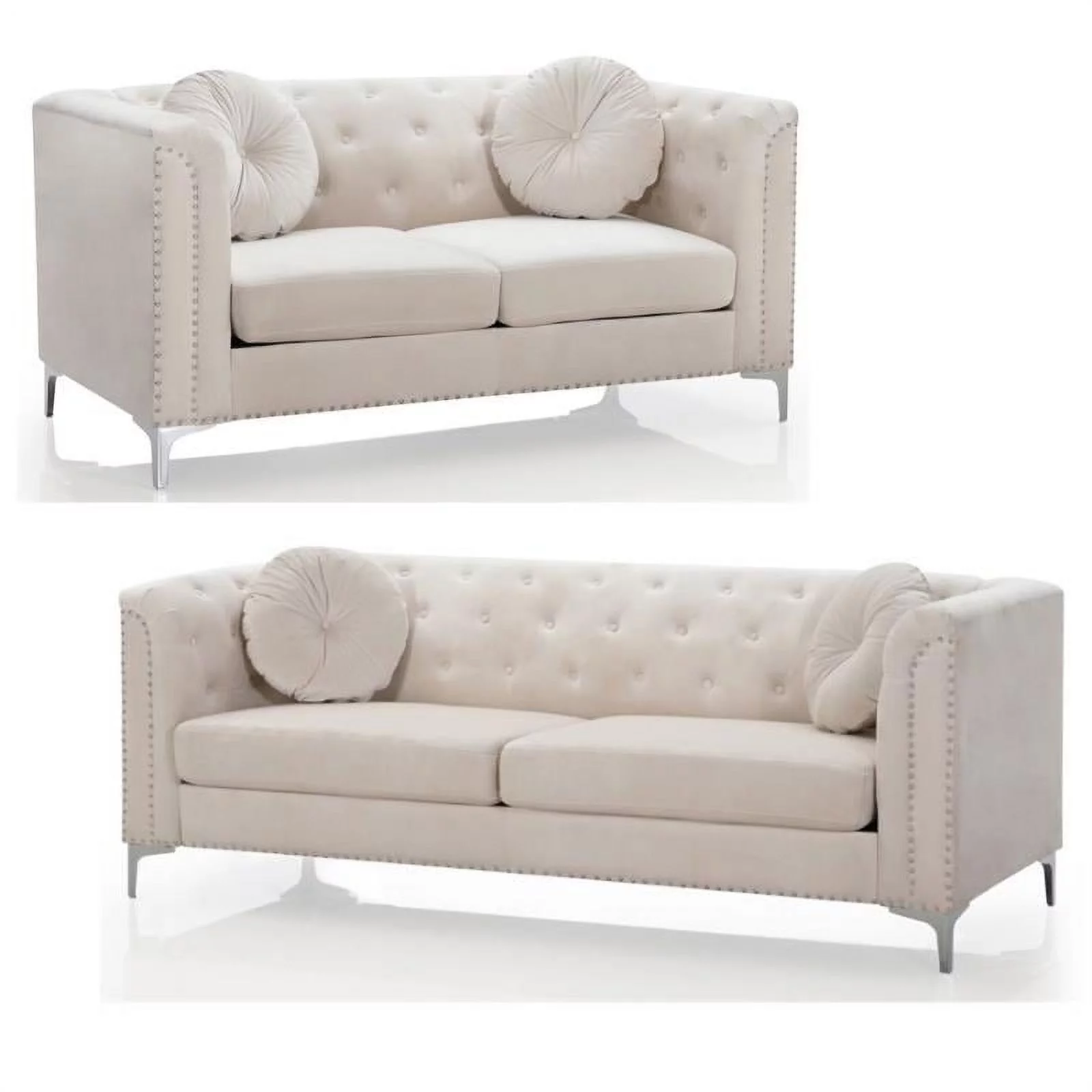 Home Square 2-Piece Set with Velvet Sofa and Loveseat in Ivory