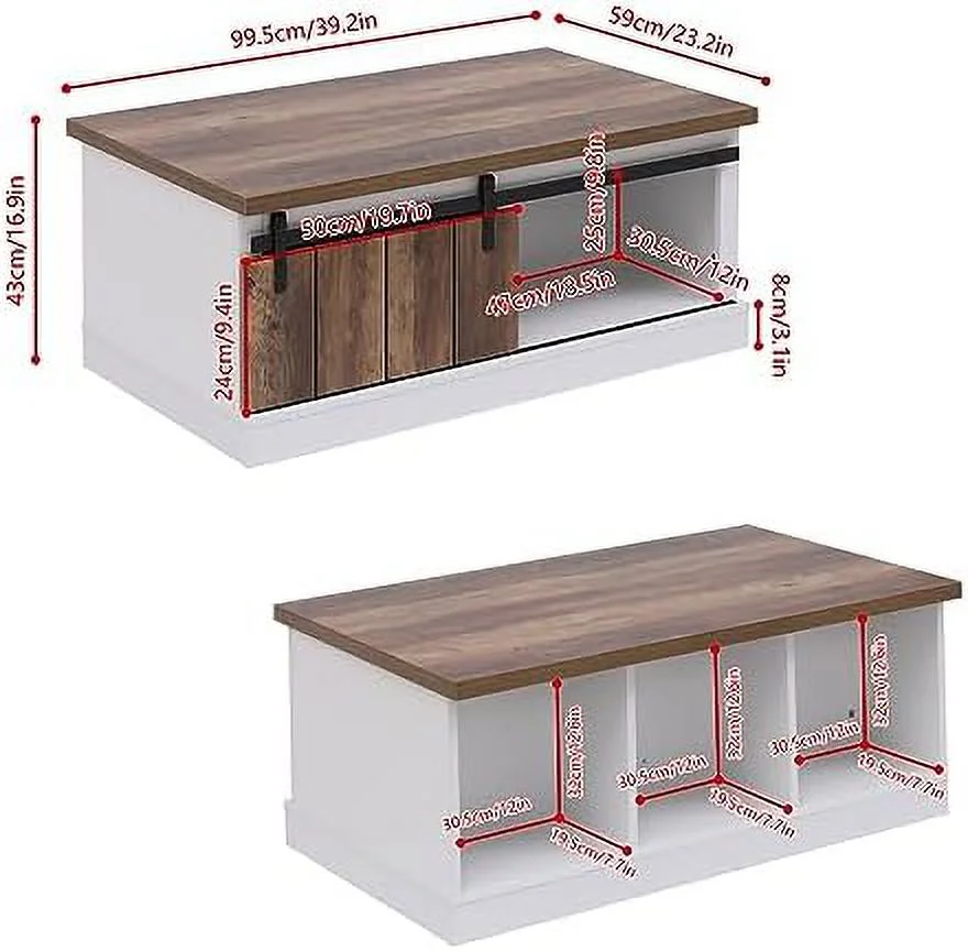 KHBIULIFE Ansley&HosHo Farmhouse Coffee Table with Sliding Barn Doors &   Antique Wood Living Room Center Table  Rustic Industrial Cocktail Table for Bedroom Home Office  White+Da