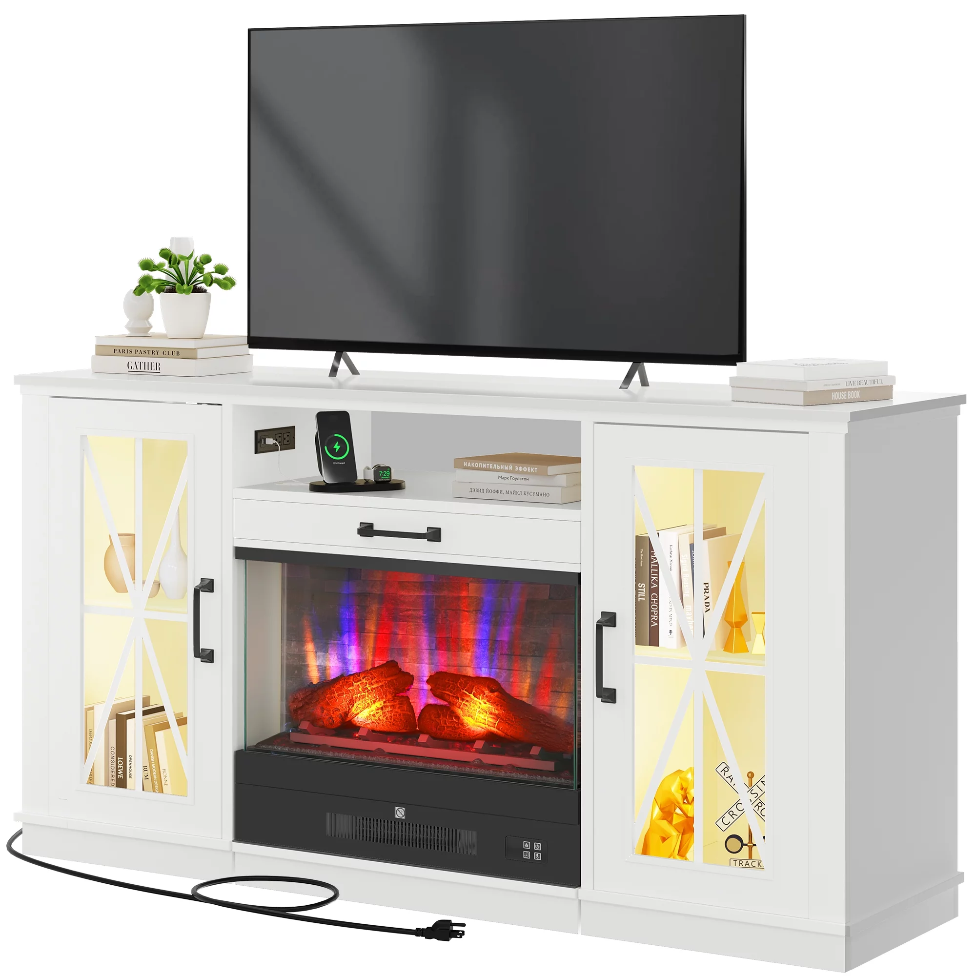 Dextrus 60 Inch Entertainment Console w/ a Slidable Fireplace, designed for TVs up to 70 inches, LED Fireplace TV Stand for the Living Room, Media Unit with Storage Compartments (White)