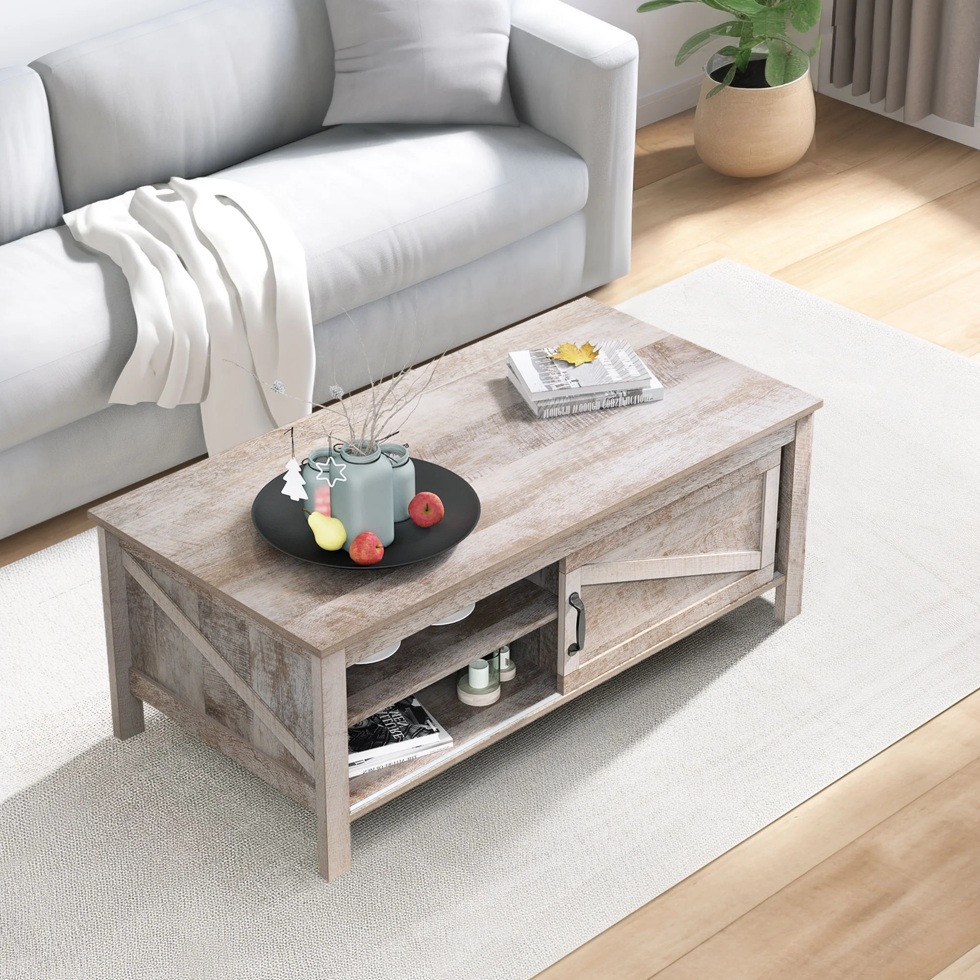 DWVO Rectangular Wooden Coffee Table with Adjustable Storage Shelf, Rustic Gray