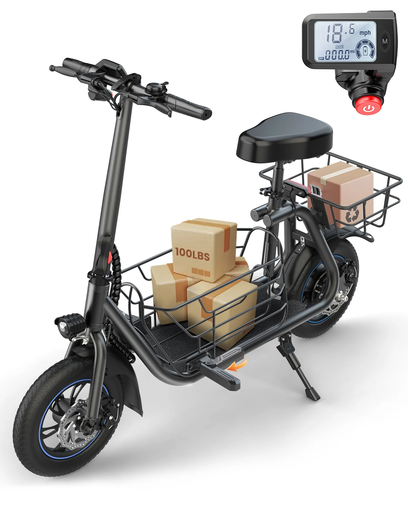 Kistp 550W Electric Scooter with Seat for Adult, 12 inch Commuter Electric Scooter for Pets with Front & Back Basket for Pets, Bigger Seat - up to 20 Miles 18.6MPH