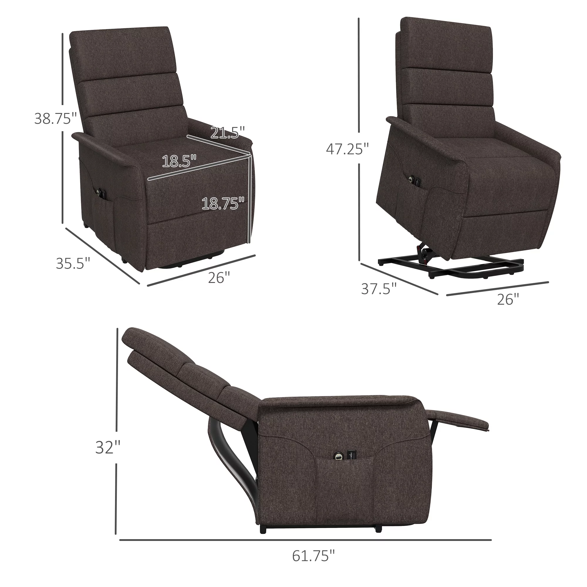 HOMCOM Power Lift Recliner Chair with Vibration Massage with Remote Control, Side Pockets, Brown