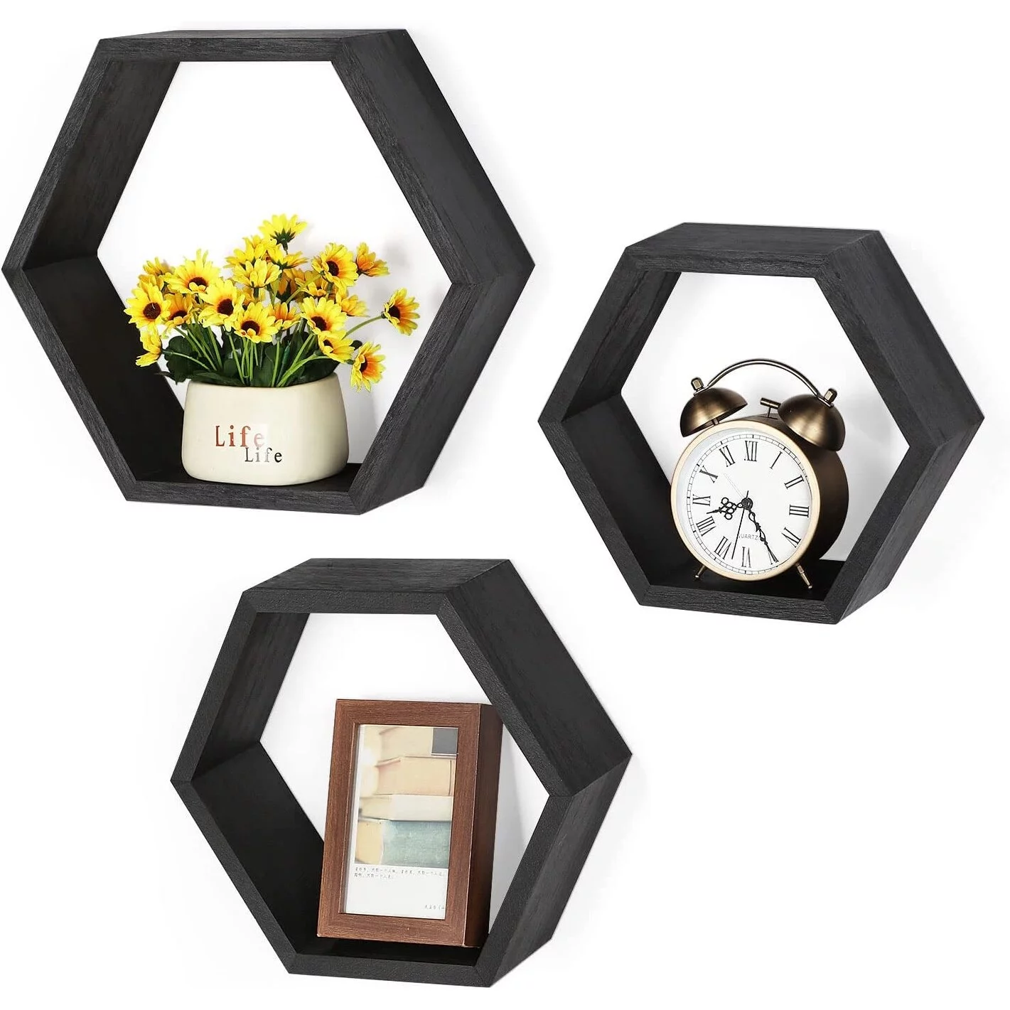 Set of 3 Wooden Hexagon Rustic Floating Shelves Shelves in Black Black