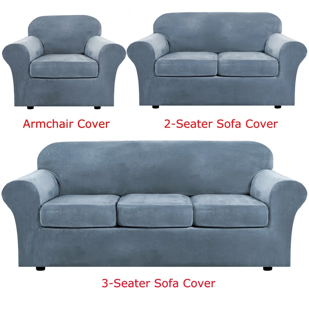 TOPCHANCES Velvet Plush Sofa Covers, Armhair Loveseat Couch Slipcover with Separate Cushion Cover (Gray Blue, For 3-Seater Sofa)