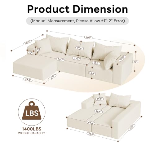 Vamcheer Modular Sectional Sofa with Chaise, Modern L Shaped Cloud Couch with Deep Seat, Sectional Couches for Living Room, Bedroom, Office, No Assembly Required, Cream