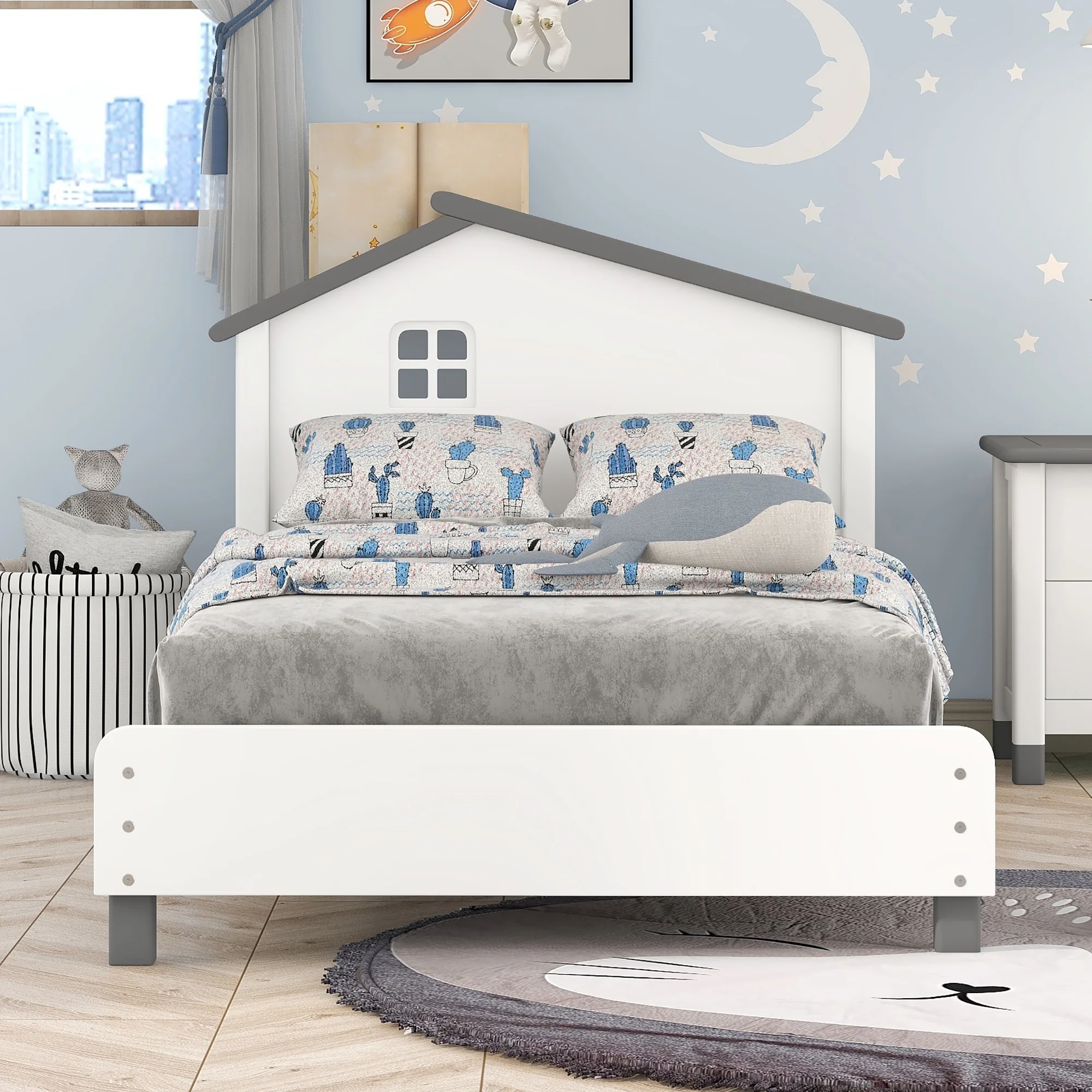 Bellemave Twin Size Platform Bed with House-Shaped Headboard,Wood Twin Platform Bed Frame with Wood Slats for Kids,Boys,Girls,No Box Spring Needed(Twin,White+Gray)