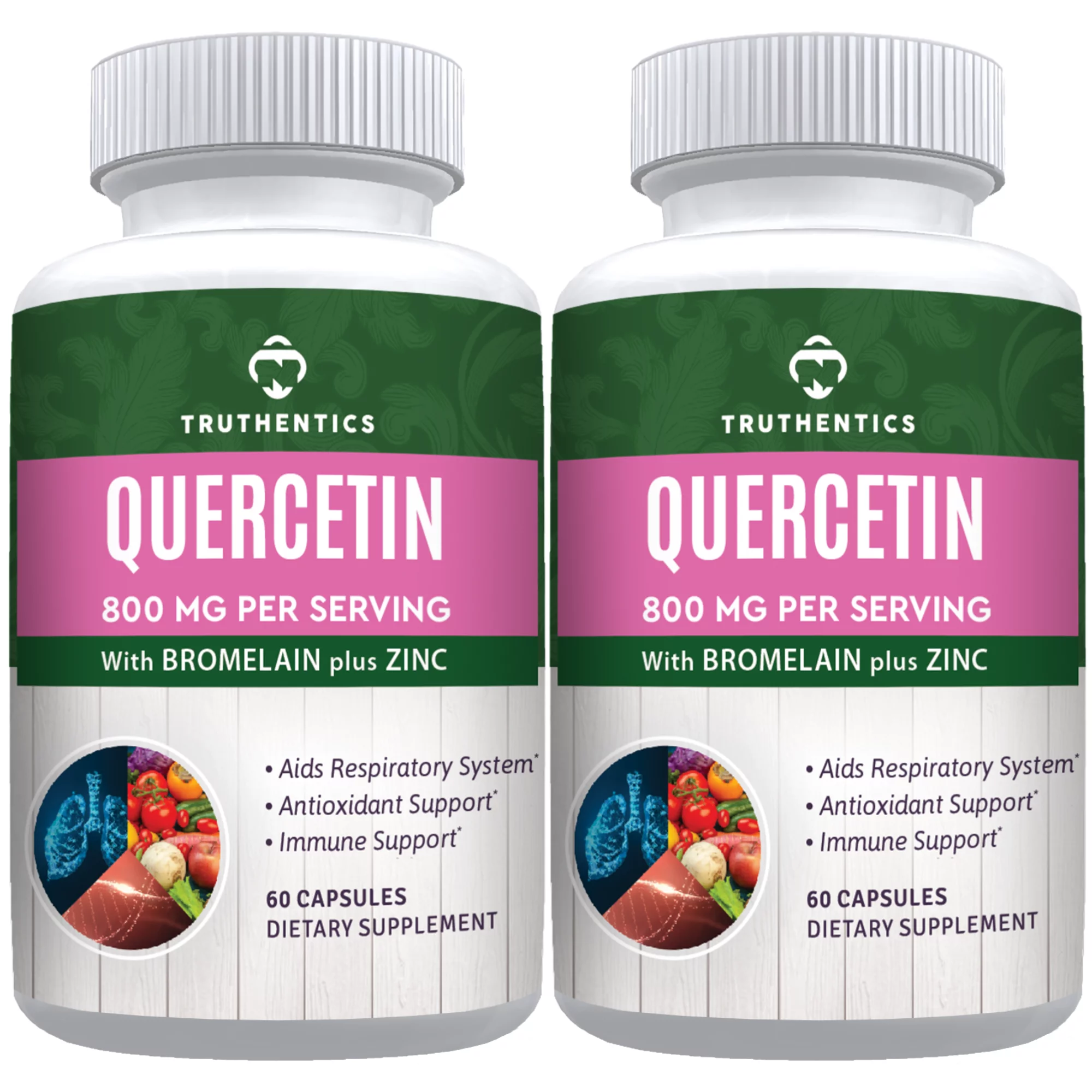 Truthentics Quercetin With Bromelain Zinc Supplement (2-Pack) - Quercetin 800mg - Immune, Allergy, Lung & Respiratory Support - 120 Capsules