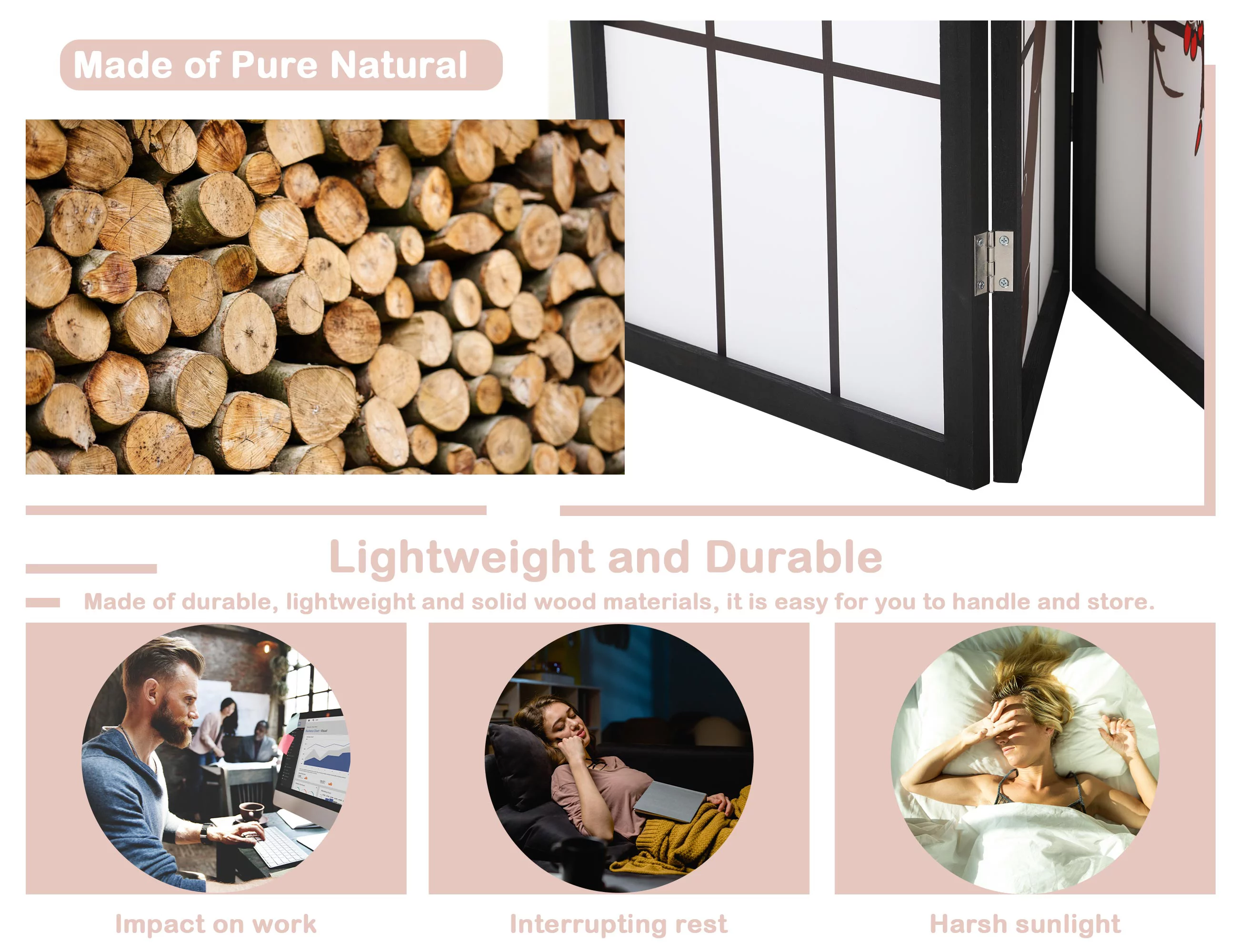 Japanese Plum Blossom Room Dividers with 4 Panels Wood, 6Ft Oriental Shoji Folding Privacy Screen for Decor Portable Freestanding Partition Screen for Rooms Wall Divider for Home Office