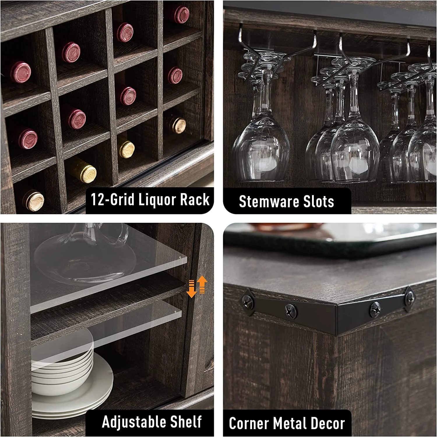 OKD Farmhouse Coffee Bar Cabinet Sideboard Buffet with Wine and Glass Rack, Drawers, Storage Shelves for Dining Room, Living Room, Wood Furniture(Dark Rustic Oak)