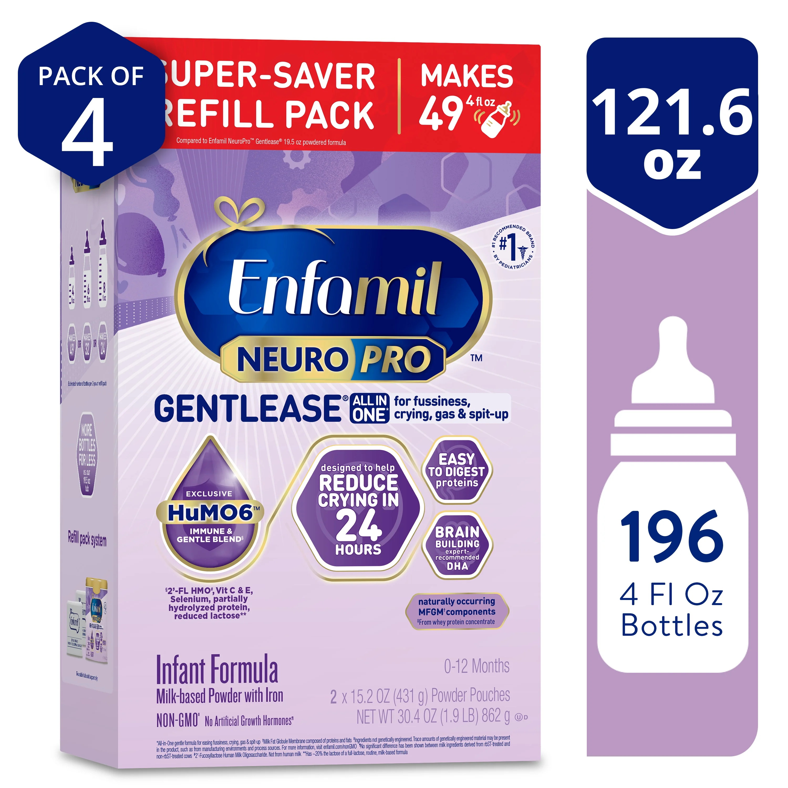  Enfamil NeuroPro Gentlease Baby Formula, Infant Formula Nutrition, Brain Support that has DHA, HuMO6 Immune Blend, Designed to Reduce Fussiness, Crying, Gas & Spit-up in 24 Hrs, 30.4 Oz, 4 Boxes