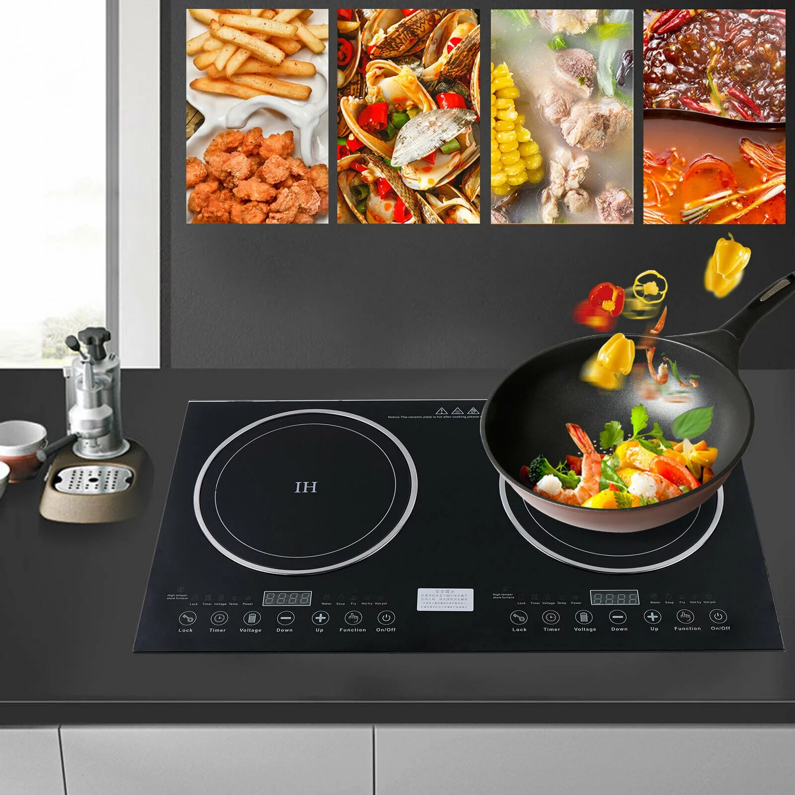 ZhdnBhnos Electric Induction Cooker 2 Burners Cooktop Stove Hob Digital Double-head Induction Ceramic Cook Top Touch Control (1200W+1400W)