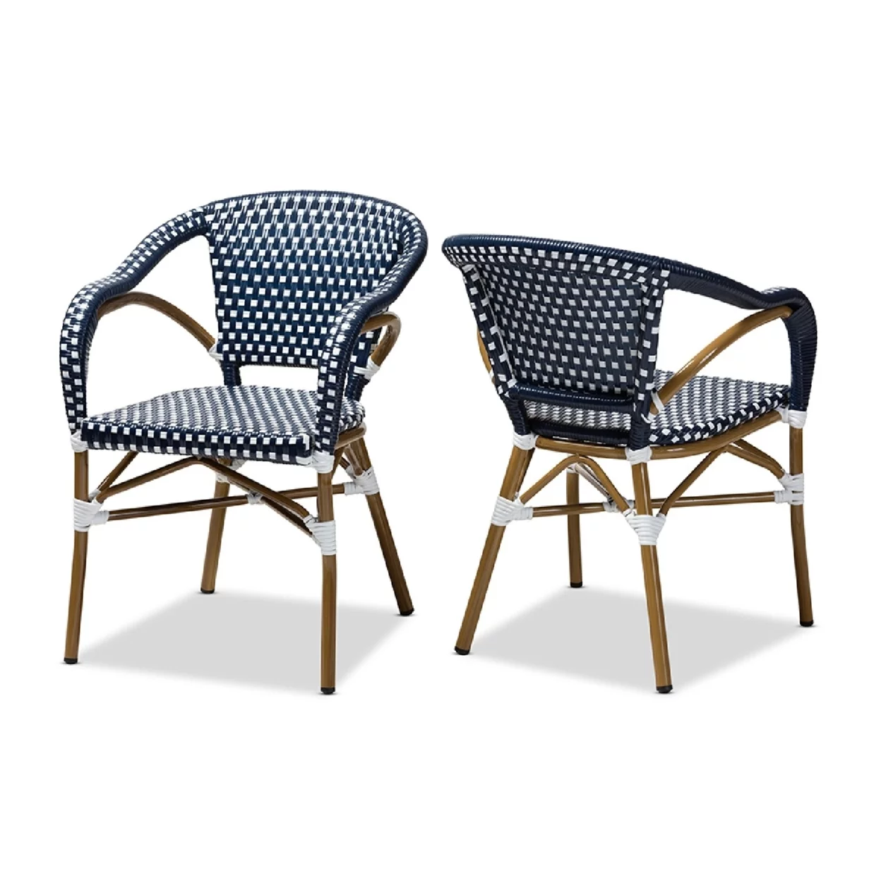 Baxton Studio Eliane Classic French Indoor and Outdoor Navy and White Bamboo Style Stackable Bistro Dining Chair Set of