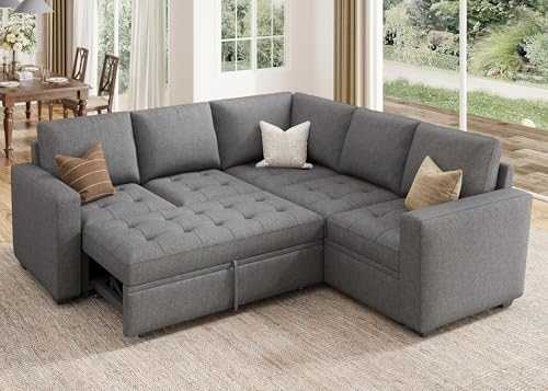 HONBAY Sectional Sleeper Sofa Couch with Pull Out Bed, Convertible L Shaped Couch with Storage, Sleeper Sectional Sofa Bed for Living Room, Beige